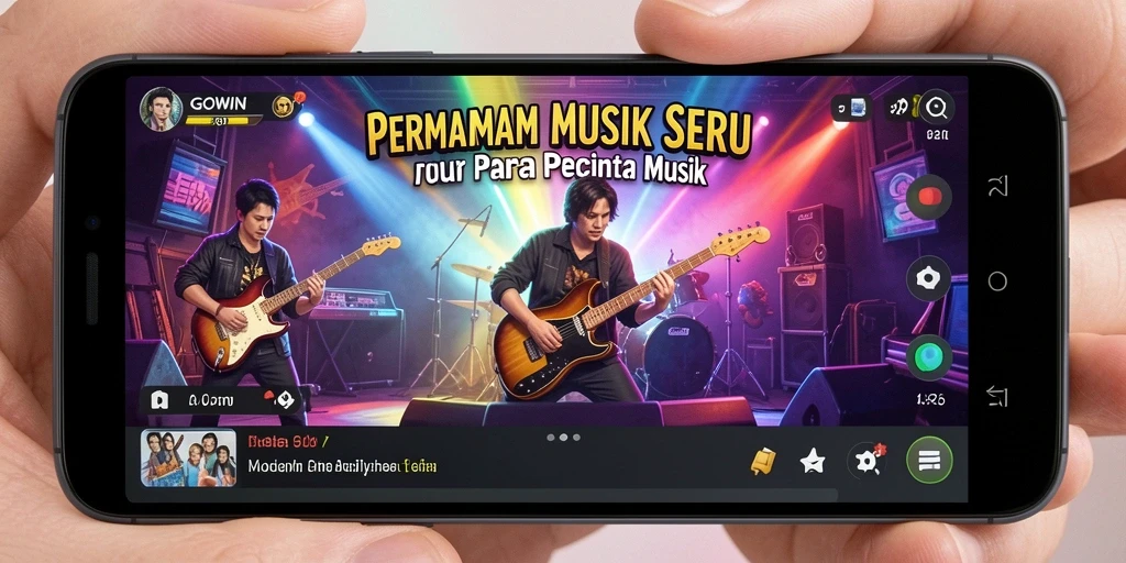 Tampilan gameplay seru di GOWIN dengan musisi menciptakan musik bersama.