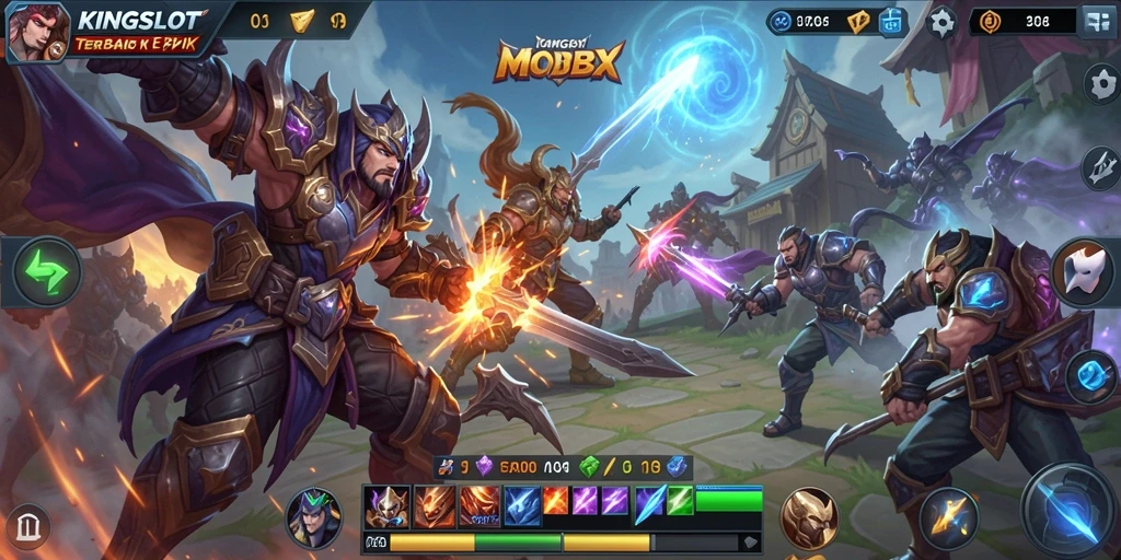 Tampilan gameplay KINGSLOT dengan karakter bertarung di arena menyerang musuh.